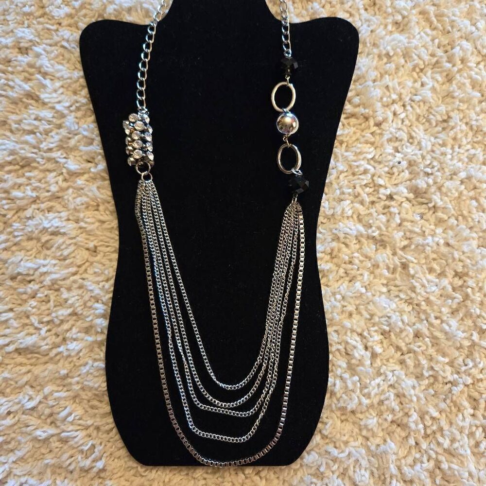 NWOT Silver Chain Necklace Rhinestone + Bead Accent
